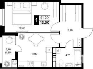 1-к квартира, строящийся дом, 43м2, 3/20 этаж