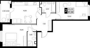 2-к квартира, вторичка, 68м2, 2/12 этаж