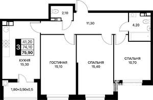 3-к квартира, строящийся дом, 76м2, 6/12 этаж