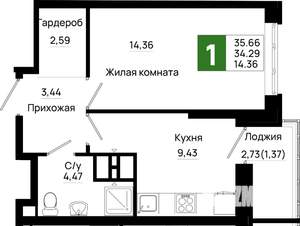 1-к квартира, вторичка, 36м2, 19/25 этаж