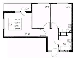 2-к квартира, вторичка, 54м2, 22/25 этаж