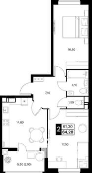 2-к квартира, вторичка, 64м2, 9/12 этаж