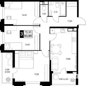 3-к квартира, вторичка, 84м2, 6/12 этаж