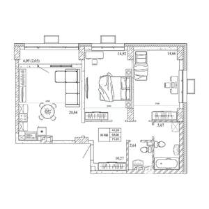 2-к квартира, строящийся дом, 71м2, 3/12 этаж