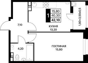 1-к квартира, строящийся дом, 42м2, 6/20 этаж