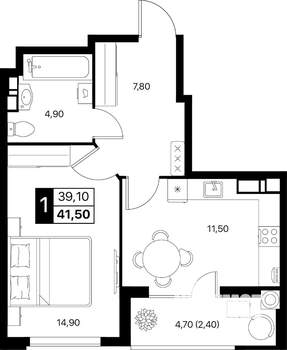 1-к квартира, вторичка, 42м2, 8/12 этаж
