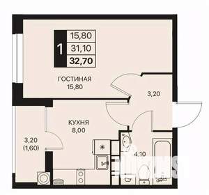 1-к квартира, строящийся дом, 33м2, 9/12 этаж