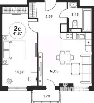 2-к квартира, вторичка, 42м2, 3/25 этаж