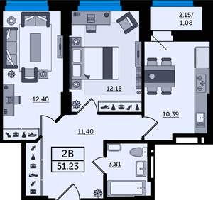 2-к квартира, строящийся дом, 51м2, 15/22 этаж