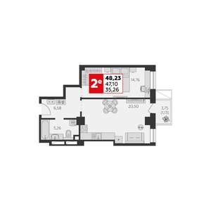 2-к квартира, строящийся дом, 48м2, 6/22 этаж