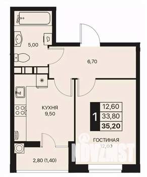 1-к квартира, строящийся дом, 35м2, 9/12 этаж