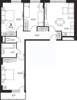 3-к квартира, вторичка, 72м2, 15/25 этаж
