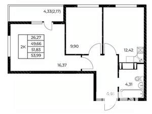 2-к квартира, вторичка, 54м2, 23/25 этаж