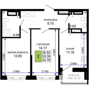 2-к квартира, вторичка, 55м2, 8/25 этаж