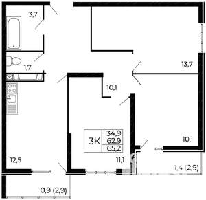 3-к квартира, сданный дом, 65м2, 11/19 этаж