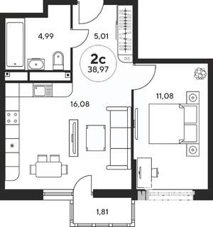 2-к квартира, вторичка, 39м2, 20/25 этаж