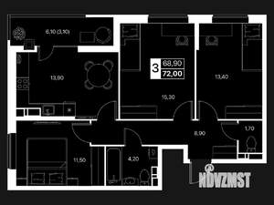 3-к квартира, вторичка, 72м2, 4/12 этаж