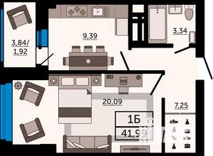1-к квартира, вторичка, 42м2, 23/24 этаж