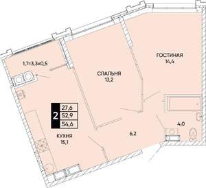 2-к квартира, вторичка, 55м2, 14/22 этаж