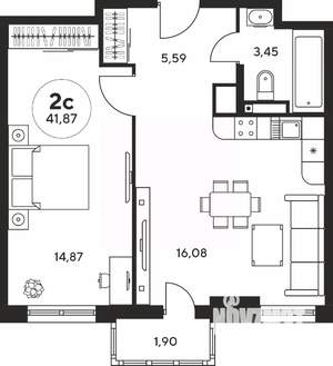 2-к квартира, вторичка, 42м2, 12/25 этаж