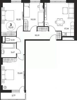 3-к квартира, вторичка, 72м2, 21/25 этаж