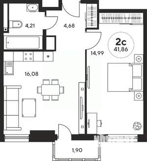 2-к квартира, вторичка, 42м2, 21/25 этаж