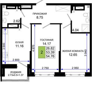 2-к квартира, вторичка, 55м2, 14/25 этаж