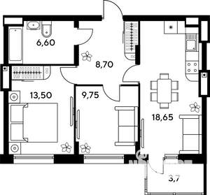 3-к квартира, строящийся дом, 61м2, 2/9 этаж