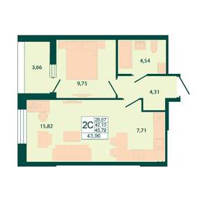1-к квартира, строящийся дом, 44м2, 26/29 этаж