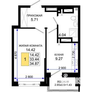 1-к квартира, вторичка, 35м2, 18/25 этаж
