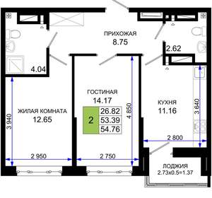 2-к квартира, вторичка, 55м2, 8/25 этаж