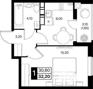 1-к квартира, вторичка, 32м2, 6/12 этаж
