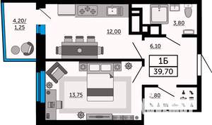 1-к квартира, вторичка, 40м2, 8/19 этаж