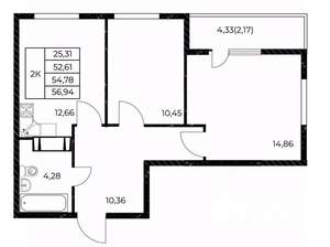 2-к квартира, вторичка, 57м2, 13/25 этаж