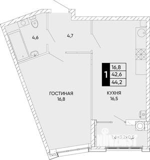 1-к квартира, вторичка, 44м2, 2/24 этаж