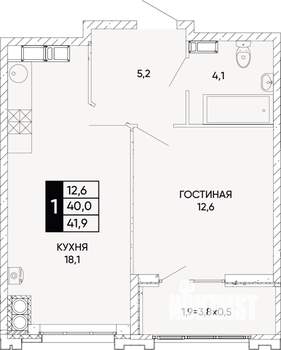 1-к квартира, вторичка, 42м2, 19/22 этаж