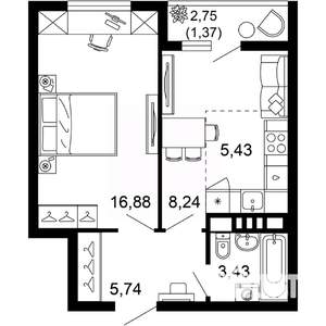 2-к квартира, вторичка, 41м2, 10/10 этаж