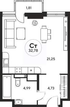 Студия квартира, вторичка, 33м2, 4/25 этаж