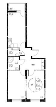 3-к квартира, строящийся дом, 59м2, 23/25 этаж