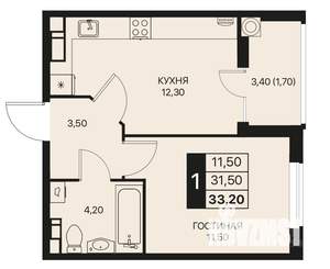 1-к квартира, строящийся дом, 33м2, 9/12 этаж