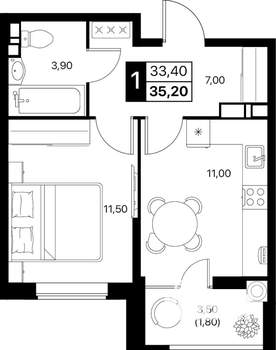 1-к квартира, вторичка, 35м2, 4/12 этаж