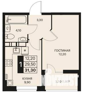 1-к квартира, строящийся дом, 31м2, 3/12 этаж