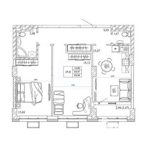 2-к квартира, строящийся дом, 66м2, 6/12 этаж