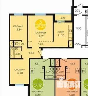 3-к квартира, вторичка, 68м2, 11/14 этаж