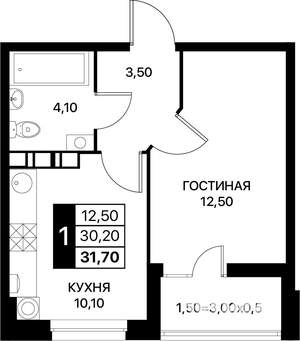 1-к квартира, строящийся дом, 32м2, 6/12 этаж