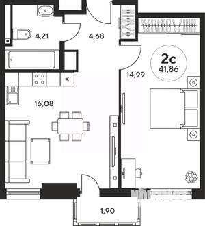 2-к квартира, вторичка, 42м2, 17/25 этаж