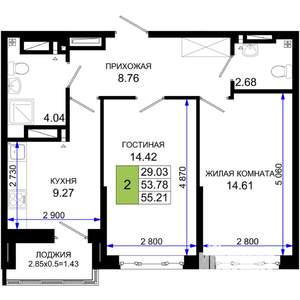 2-к квартира, вторичка, 55м2, 24/25 этаж