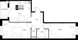 2-к квартира, строящийся дом, 67м2, 2/12 этаж
