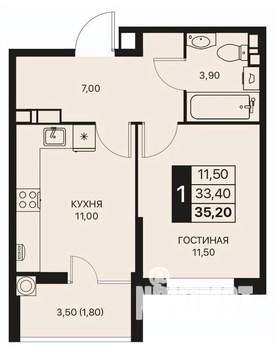 1-к квартира, строящийся дом, 35м2, 7/12 этаж