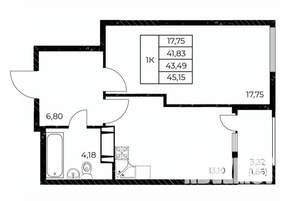 1-к квартира, строящийся дом, 45м2, 24/25 этаж